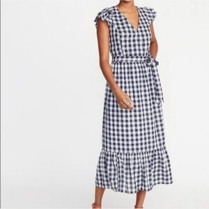 Old Navy V-neck Blue White Gingham Midi Dress with Ruffle Sleeves Size Large